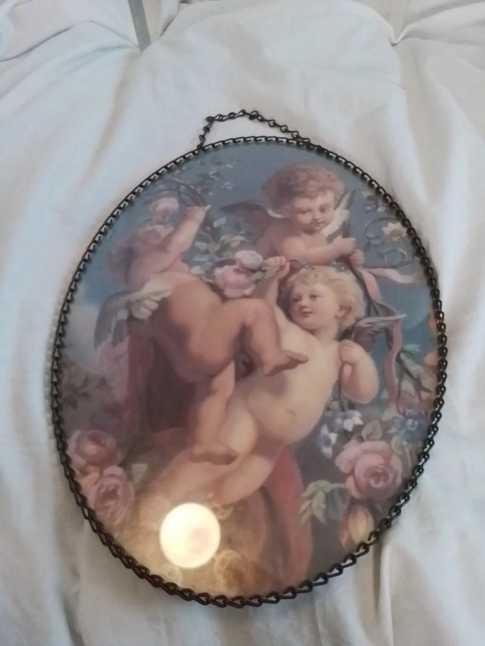 Crescent Cherub Oval Wall Plaque in Blue and Pink